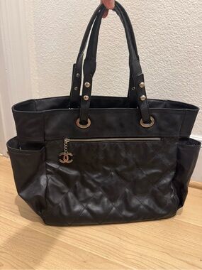 CHANEL Black Quilted Tote with CC Charm